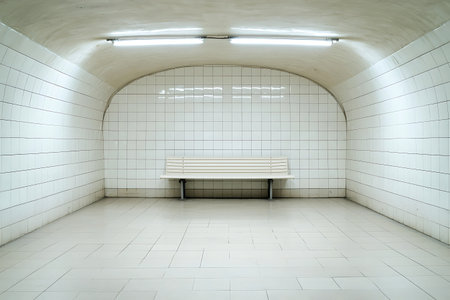 A minimalist and modern subway station corridor featuring a white tiled wall and bright overhead lights. The empty space evokes feelings of solitude and calm.の写真素材