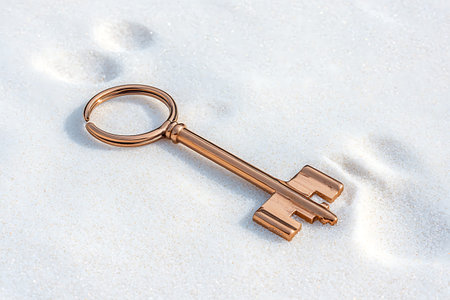 A vintage copper key rests elegantly on soft white sand, with faint footprints in the background,...
