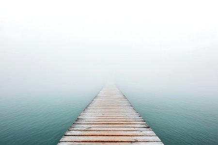 A captivating wooden pier stretches into a drifting fog, creating a tranquil atmosphere over calm...