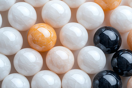 A captivating arrangement of colorful marbles featuring black, white, orange, and yellow spheres....