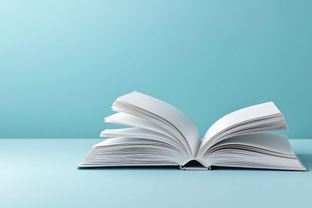 An open blank book rests on a blue surface, showcasing its curled pages that invite creativity and...