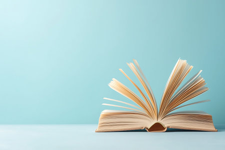 An open book displays its pages against a minimalist solid color background, symbolizing knowledge,...