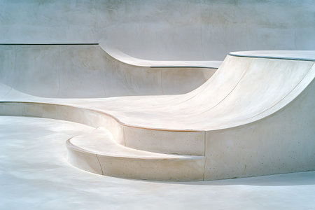 An artistic view of a modern skatepark showcasing smooth concrete surfaces and unique curved...
