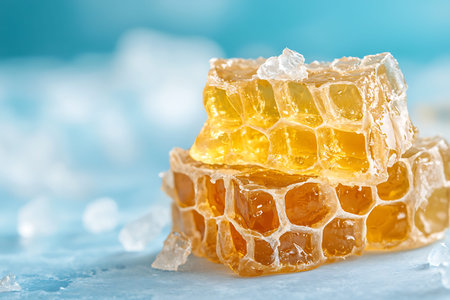 Beautiful close-up of honeycomb filled with rich golden honey, set against a serene blue background, perfect for food lovers and culinary enthusiasts.の写真素材