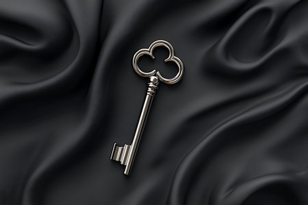 A vintage silver key rests elegantly on smooth black fabric, showcasing its intricate design against...