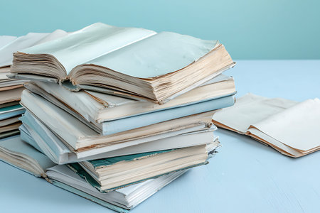 A visually appealing arrangement of stacked open books with torn pages on a soft blue background,...