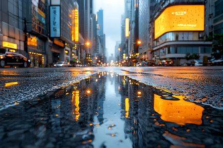 Captivating view of an urban street at dusk, featuring reflections on a wet surface. The vibrant...