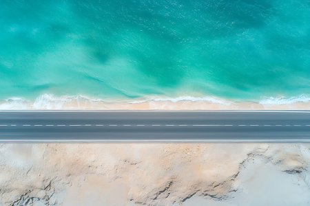 Stunning aerial view of a road stretching along a pristine beach with turquoise waters, capturing...