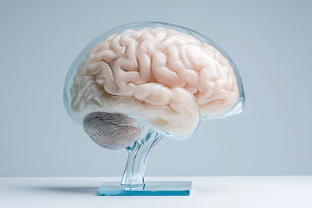 A high-quality transparent model of a human brain, designed to illustrate the complex neural...