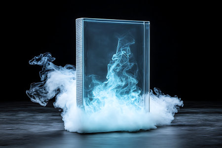 A stunning glass block enveloped in swirling blue and white smoke creates an ethereal atmosphere....