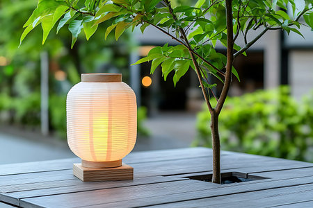 A charming lantern provides warm illumination next to a small tree on a wooden table in a serene...
