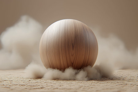 A beautifully crafted wooden sphere rests on soft ground, gently surrounded by light dust and ethereal clouds, capturing a serene and artistic atmosphere.の写真素材