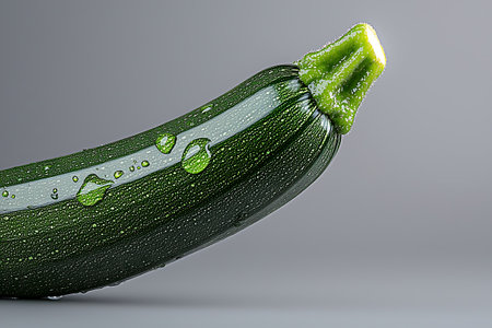 A fresh green zucchini with glistening water droplets resting on a smooth surface. Ideal for promoting healthy cooking and nutritious diets.の写真素材