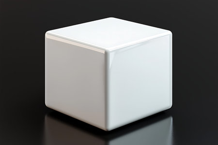 A pristine glossy white cube rests on a reflective black surface, creating a minimalist aesthetic...