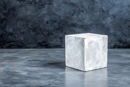 A stylish and minimalist concrete cube sits on a dark textured background, perfect for modern...