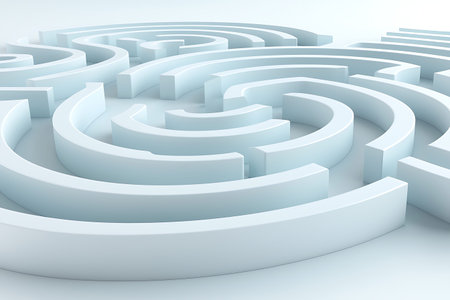 A visually captivating abstract maze structure in soft white color, with curved paths and subtle...