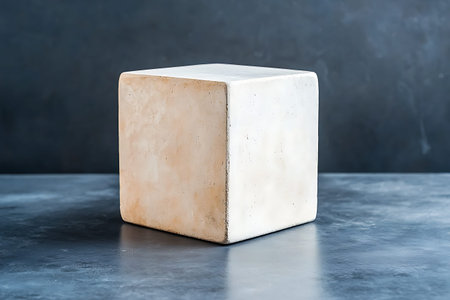 A minimalistic white concrete cube resting on a dark surface, perfect for design projects, art...
