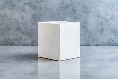 A clean white cube rests against a textured gray background, perfect for modern design and artistic...