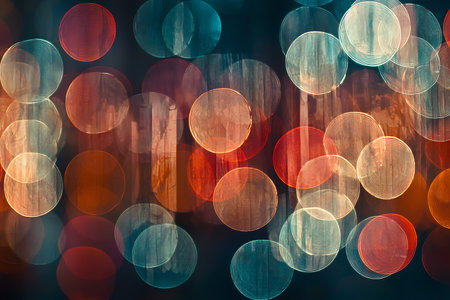 This abstract image features colorful bokeh lights in soft focus, creating a dreamy and vibrant...