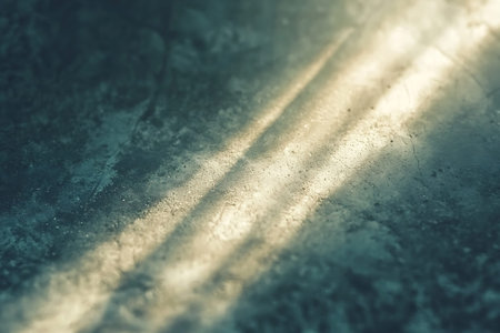 A beautiful play of soft sunlight filtering through dust, warming the textured concrete floor,...