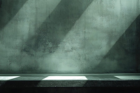 A wide, minimalist background featuring a textured cement surface illuminated by angled light and...