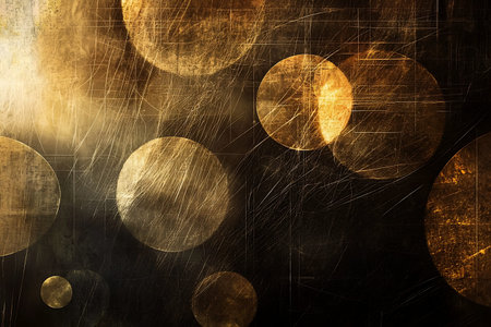 This exquisite abstract golden background features glowing circles and nuanced textures, perfect for artistic projects and elegant designs.の写真素材