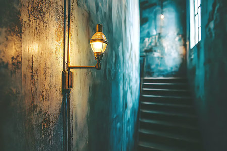 Explore a beautifully captured vintage light fixture illuminating a textured wall staircase,...