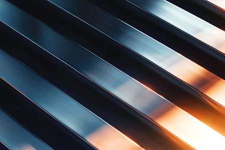 Discover an abstract close-up image showcasing shiny metallic surfaces reflecting light in...