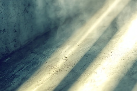 Ethereal soft light filters through mist in a serene industrial setting, creating a calming...