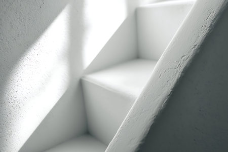 A bright and serene staircase showcasing minimalist design with soft shadows and natural light. This...