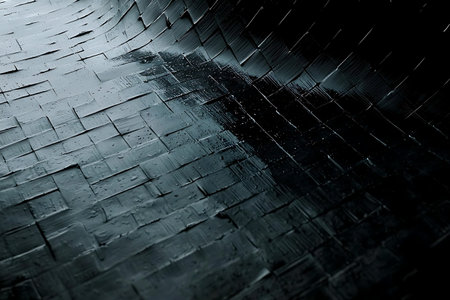 Close-up image showcasing a wet black textured surface, featuring unique patterns and reflective qualities that create an intriguing abstract design.の写真素材
