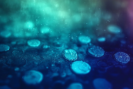 This abstract image features vibrant raindrops on a surface, creating a soothing and artistic...