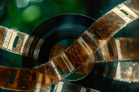A creative representation of vintage film reels intertwined with a classic record, evoking nostalgia and highlighting the beauty of audio-visual history and art.の写真素材