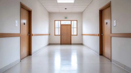 A bright and clean hospital corridor featuring multiple doors and ample natural light. The modern...