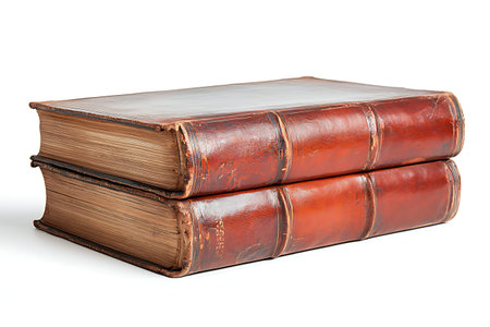 A close-up of two vintage leather bound books stacked neatly, showcasing their rich color and texture. Ideal for themes of knowledge and nostalgia.の写真素材