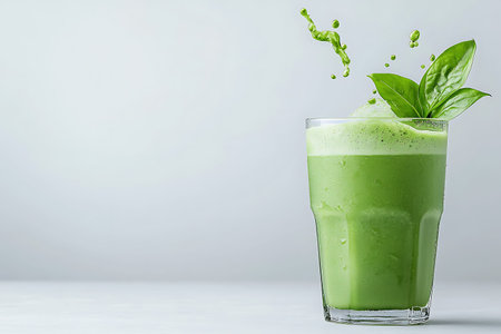 A vibrant green smoothie splashes in a clear glass, complemented by a fresh basil leaf. This refreshing drink represents health and vitality, ideal for nutrition enthusiasts.の写真素材