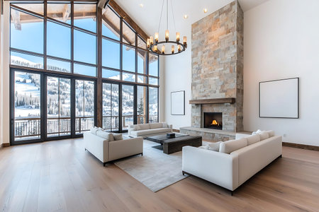This modern spacious living room features panoramic mountain views and abundant natural light. Stone...