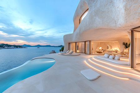 Experience the elegance of a modern luxury villa with breathtaking ocean views and a serene sunset. This stunning design features a beautiful pool and tranquil outdoor spaces.の写真素材