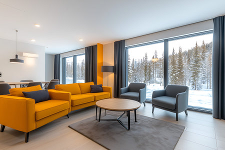 A stylish modern living room featuring a bright yellow sofa and cozy furniture, surrounded by large windows offering a stunning snowy landscape view.の写真素材