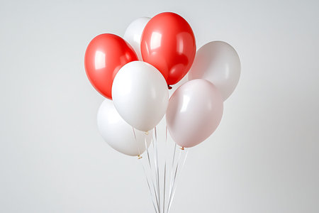 A cluster of colorful balloons in red, white, and pink hues adds a festive and cheerful touch to any celebration or event, perfect for creating joyful moments.の写真素材