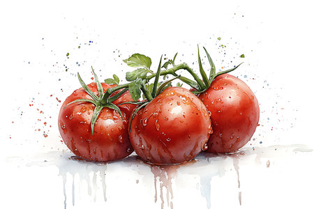 A vibrant trio of fresh red tomatoes glistens with water droplets, showcasing their juicy texture. Perfect for culinary and healthy food concepts.の写真素材