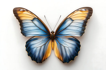This stunning image showcases a vibrant blue and orange butterfly, displayed beautifully against a...