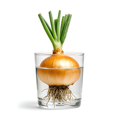 An onion sprouting in a glass of water showcases a natural growth process. Perfect for home gardening inspirations or kitchen decoration ideas.の写真素材