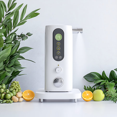 A modern electric juicer stands elegantly on a bright kitchen counter surrounded by fresh citrus fruits and greenery. Perfect for healthy living.の写真素材