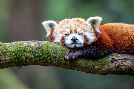 A charming red panda peacefully sleeps on a branch, surrounded by lush greenery. The image captures the essence of wildlife tranquility, showcasing the serene beauty of nature.の写真素材