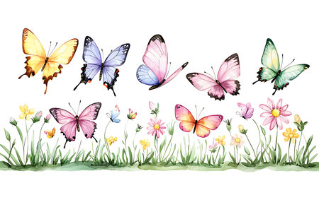 A stunning watercolor illustration featuring colorful butterflies fluttering among vibrant wildflowers, perfect for nature lovers and art enthusiasts.の写真素材