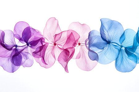 This image showcases delicate flower petals in shades of purple, pink, and blue, arranged gracefully...