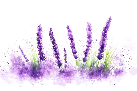 A captivating watercolor illustration featuring delicate lavender flowers in various heights, evoking a sense of calm and natural beauty.の写真素材