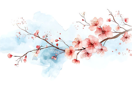 A beautiful illustration of a cherry blossom branch with soft pink flowers against a gentle blue watercolor background, evoking spring's grace and serenity.の写真素材