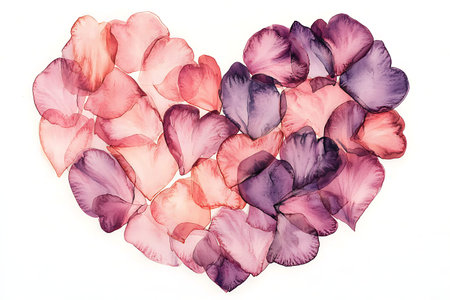 Beautiful arrangement of soft rose petals forming a heart shape. The blend of pink and lavender hues...
